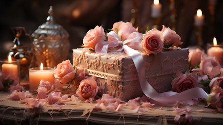 Delicious cake with pink roses and candles on dark background, closeupの素材