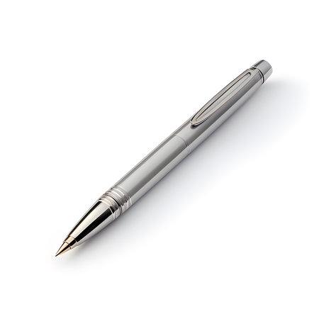 Silver ballpoint pen isolated on white background. 3D illustration.の素材
