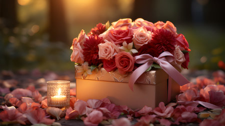 Beautiful bouquet of flowers in a gift box on a wooden tableの素材