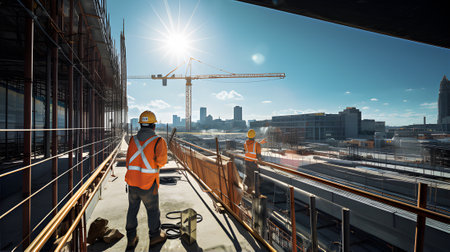 Double exposure of engineer working on construction site with cityscape background.の素材