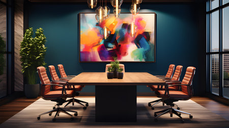 Interior of modern conference room with black walls, wooden floor and wooden table with brown armchairs. 3d renderingの素材