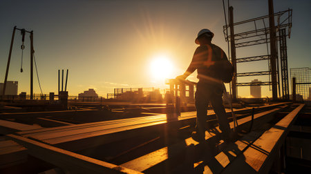 silhouette of engineer working on construction site at sunset time.の素材