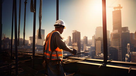 Engineer or architect working on construction site with cityscape background.の素材