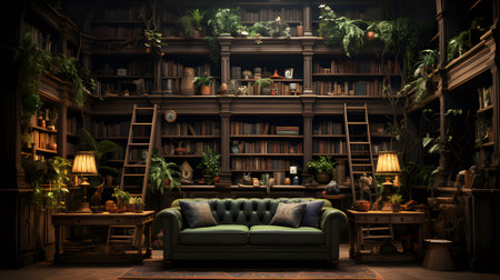 Interior of a living room with a green sofa, bookshelf and plantsの素材