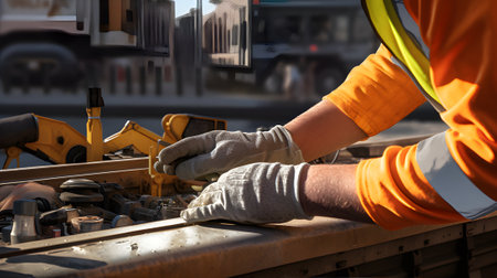 Worker in uniform and protective gloves working on a construction site.の素材