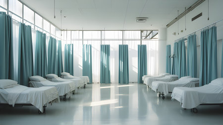 Interior of a hospital ward with empty beds and blue curtains.の素材
