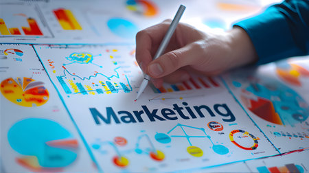 Businessman analyzing investment charts with a pen. Close-up.の素材