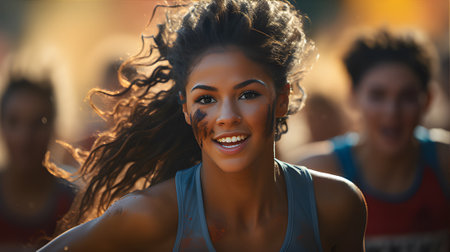Front view of happy african american woman with dreadlocks smiling at camera while running outdoorsの素材