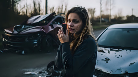 Young woman looking at the wreckage of her car after an accident, holding a phone, with a worried look on her face.の素材