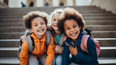 Three happy children sitting on the steps outdoors.の素材