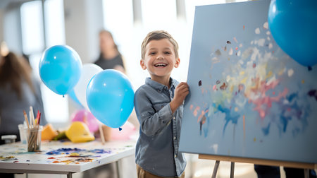 A young boy proudly displays his abstract painting while holding a blue balloon.の素材