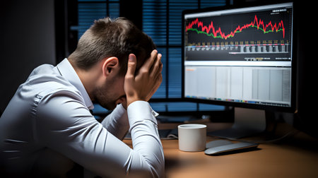 A stressed businessman sits at his desk, head in hands, looking at a computer screen with a red downward trending graph.の素材
