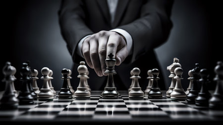A powerful businessman in a suit makes his next move in a game of chess.の素材
