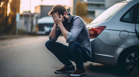 A man sits on the ground in front of his car holding his head in his hands.の素材