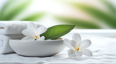 White frangipani flowers and green leaf in white bowl with soft folded towels on white table. Blurred background with green and white.の素材