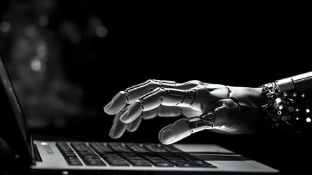 A black and white image of a robotic hand typing on a laptop keyboard.の素材
