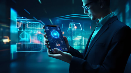 A businessman in a dark suit and glasses uses a futuristic smartphone with a transparent display.の素材