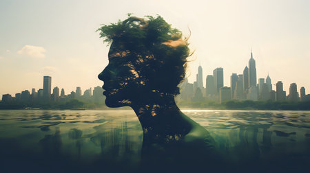 A photo of a woman's face, made out of leaves, is superimposed on a photo of an urban skyline.の素材