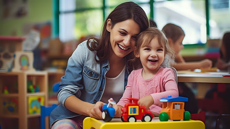 A preschool teacher smiles as she plays with a little girl.の素材