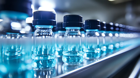 Vials of blue liquid on a conveyor belt in a pharmaceutical manufacturing facility.の素材
