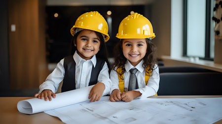 Two young girls wearing yellow hard hats and ties are sitting at a table looking at blueprints.の素材