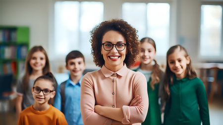 A happy teacher stands with her arms crossed in front of a group of students.の素材