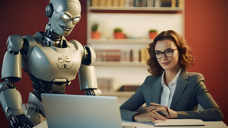 Woman in suit working with a robot.の素材
