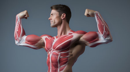 This image shows a muscular man flexing his arms. The man's muscles are painted red and white, making them look like an anatomy diagram.の素材