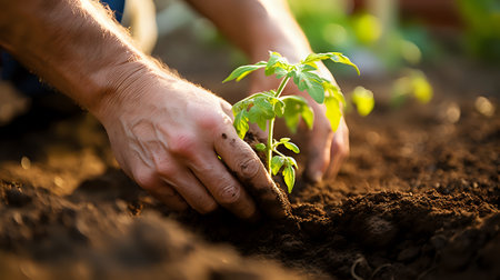 A gardener plants a tomato seedling in the warm soil.の素材