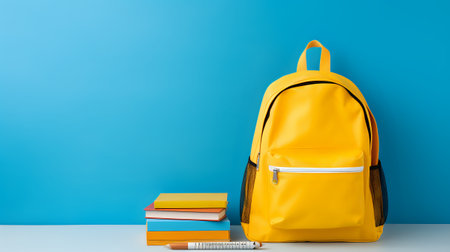 A yellow backpack and a stack of books on a white table against a blue background.の素材