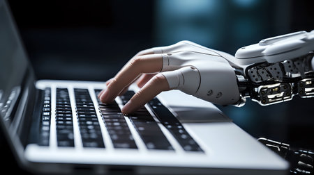 A close-up of a robotic hand typing on a laptop keyboard.の素材