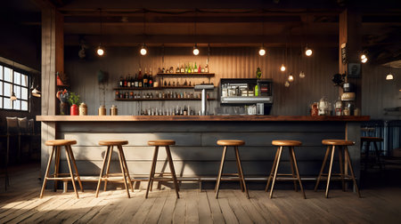 A retro bar with a wood floor and walls. There are stools in front of the bar and bottles on the shelves behind it. There are signs on the walls and a fan on the ceiling.の素材
