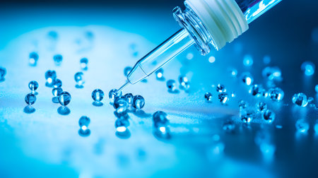 Close-up of a dropper dispensing clear liquid onto a reflective surface, creating a pattern of droplets.の素材