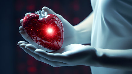 The image shows a glowing red heart in the palm of a person's hand.の素材