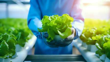 Close-up of a gloved hand holding a head of lettuce in a greenhouse.の素材