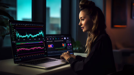 Side view of young businesswoman working on laptop at night in officeの素材