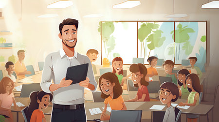 A teacher is holding a tablet in a classroom full of students. The teacher is smiling and looking at the camera. The students are sitting at desks and are looking at the teacher. They are all smiling and engaged.の素材
