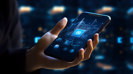 A hand holding a smartphone with a circuit board on the screen.の素材