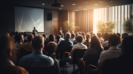 A conference room full of people listening to a speaker.の素材