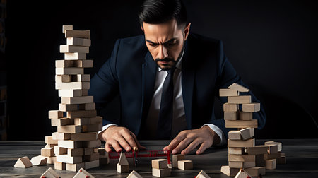 A businessman wearing a suit and tie is carefully removing a block from a tower while looking at another tower.の素材