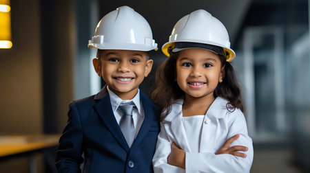 Two young children, a boy and a girl, are dressed in suits and hard hats. They are smiling and looking at the camera.の素材