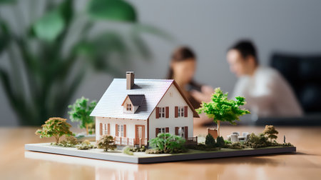 A small model house sits on a table as a couple discusses something in the background.の素材