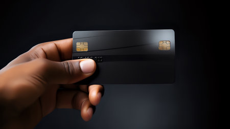 A hand holding a sleek black credit card against a dark background.の素材