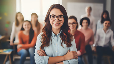 Confident young businesswoman standing with arms crossed in front of a group of her colleagues.の素材