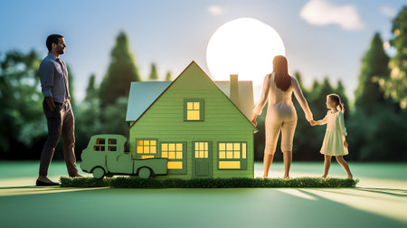 A happy family of three standing in front of their house.の素材