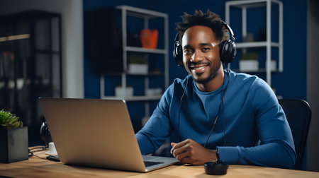 Smiling young African American man wearing headphones and looking at the camera while using laptop at night.の素材