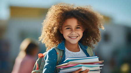A young girl with curly hair is smiling and carrying a stack of books. She is wearing a blue jean jacket and a pink shirt.の素材