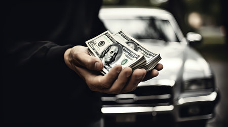 Stacks of hundred dollar bills in a man's hand with a luxury car in the background.の素材