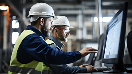 Two engineers in hard hats and safety vests are looking at a computer screen in a factory.の素材