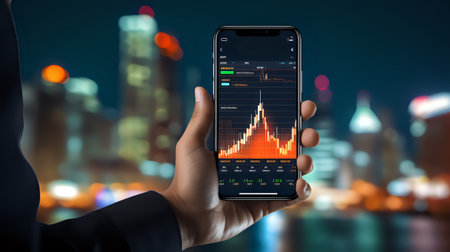 A hand holding a smartphone with a stock market app displaying a graph of stock prices with a cityscape in the background.の素材
